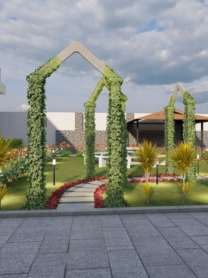 This 3D design showcases a garden entrance with arches covered in creepers, leading to a gazebo. It demonstrates how we can create a sense of journey and discovery in a landscape.