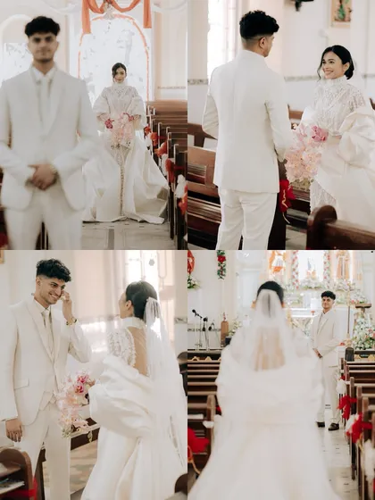 A collage capturing the groom's emotional reaction as he sees his bride walk down the aisle for the first time.