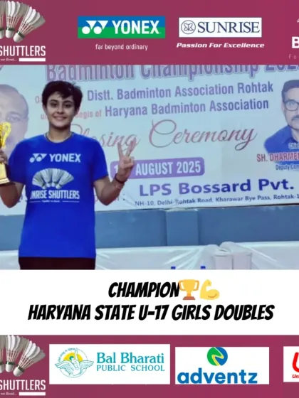 **Haryana State U-17 Girls' Doubles Champion.** Joel Rana celebrates her victory, clinching the U-17 Girls' Doubles title at the Haryana State Championships.
