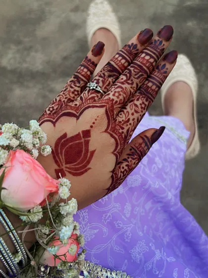 The stain from my special Eid henna design. The lotus motif has developed into a beautiful, deep red, making it a standout piece.