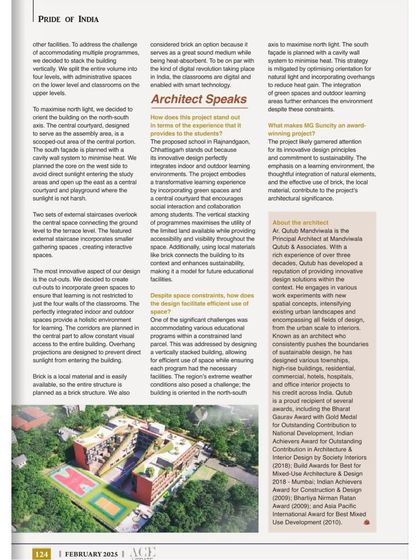 A page from Ace Magazine detailing the architectural strategies for the MG Suncity School. It explains how we maximized north light, used brick as a local material, and designed the building to encourage interaction and collaboration.