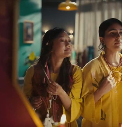 For this scene in the Chumbak film, I used bright yellow tones and layered kimonos to create a warm, sunny, and bohemian look for the friends getting ready.