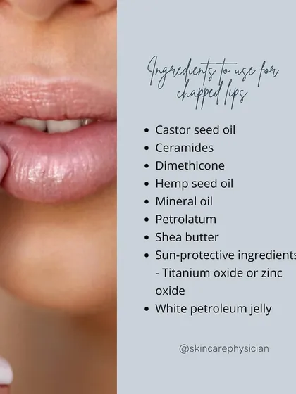 For healthy lips, especially in winter, look for nourishing ingredients. This slide lists some of my favorites, like castor seed oil, ceramides, and shea butter, which heal and protect chapped lips.