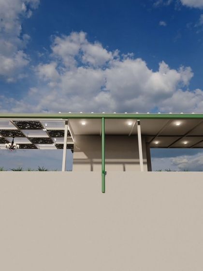 A 3D visualization showing two different pergola styles side-by-side. This allows clients to compare options, such as a decorative glass pergola versus a solid puff sheet roof, to choose the best fit for their needs.