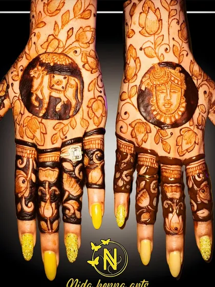 A digitally enhanced photo of the back hand design with traditional figures. This helps to highlight the intricate details and the rich color of the henna.