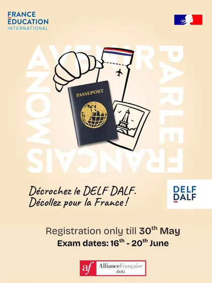 Décrochez le DELF DALF. Décollez pour la France! This poster captures the spirit of the exam: get your diploma and take off for France. Register by the deadline to start your journey.