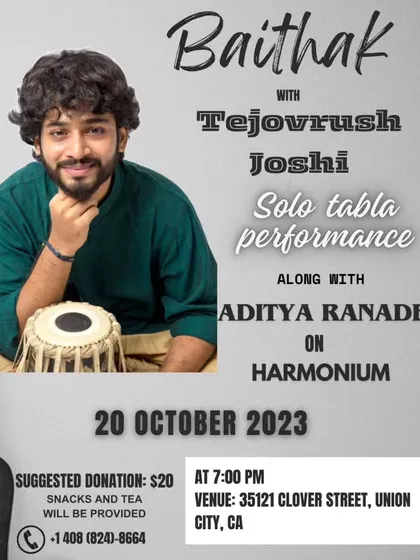 A poster for my solo tabla baithak in the Bay Area, California. These concerts often include a Q&A session, which I enjoy as it allows me to connect with the audience on a deeper level.