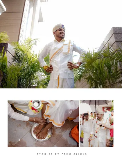 The Kasi Yatra is a significant and unique ritual in many South Indian weddings. This collage shows the groom's procession and the traditions involved.