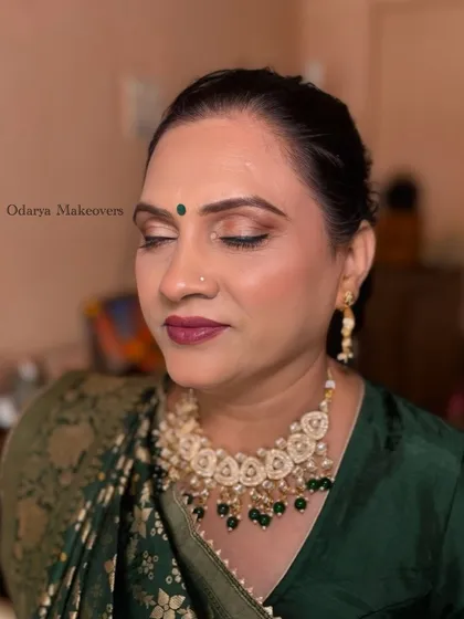 A close-up of the eye makeup. The look is elegant and enhances her eyes without being too heavy.
