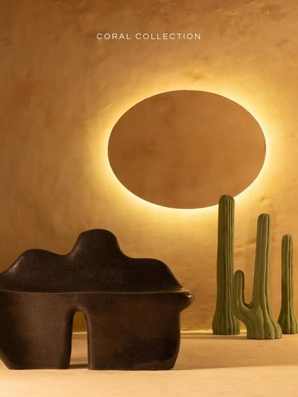 The Coral Collection bench, paired with cactus sculptures and a glowing wall light, creates a scene where nature meets design. These pieces are stories told in concrete, bold, timeless, and full of character.