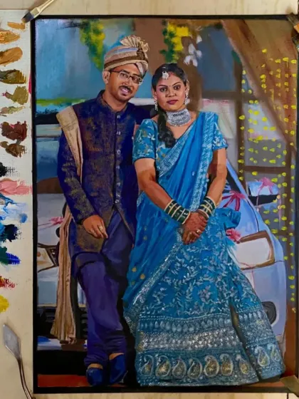 A detailed wedding oil portrait capturing the couple in their beautiful traditional attire, with their car in the background.