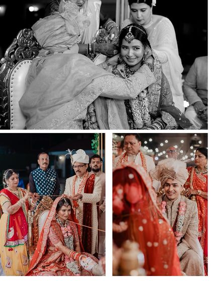 A collage showing the emotional and ritualistic moments of the wedding, from a mother's embrace to the tying of the sacred thread.