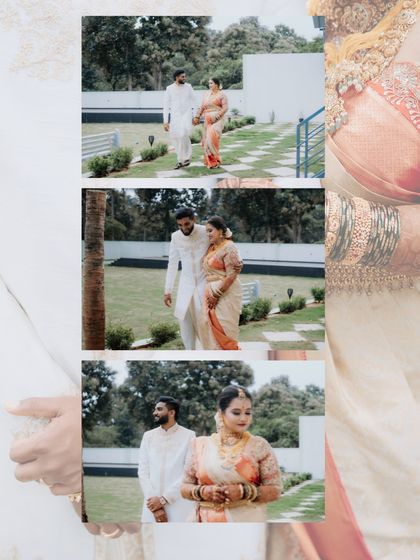 A collage of a couple enjoying a walk at their wedding venue. These candid shots capture the quiet, happy moments that make the day special.