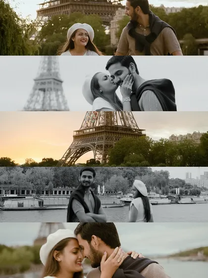 A collection of moments from a pre-wedding shoot in Paris. This collage highlights different interactions and moods, from playful glances to romantic kisses, all with the Eiffel Tower as a witness.