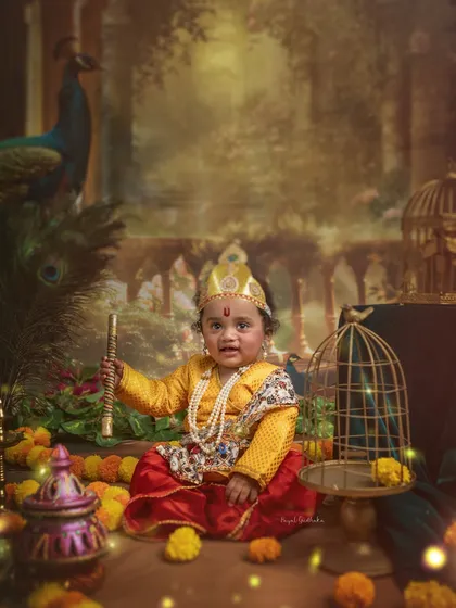 Seated amidst marigolds and brass props, this little Krishna looks every bit the part. The lighting is designed to create a soft, divine glow.