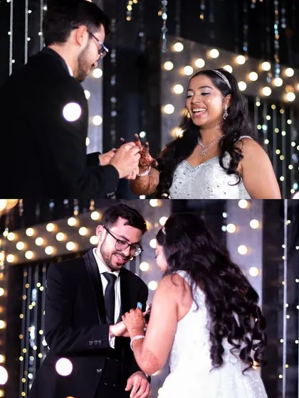 A collage capturing the couple's ring exchange and their happy smiles during the engagement ceremony.