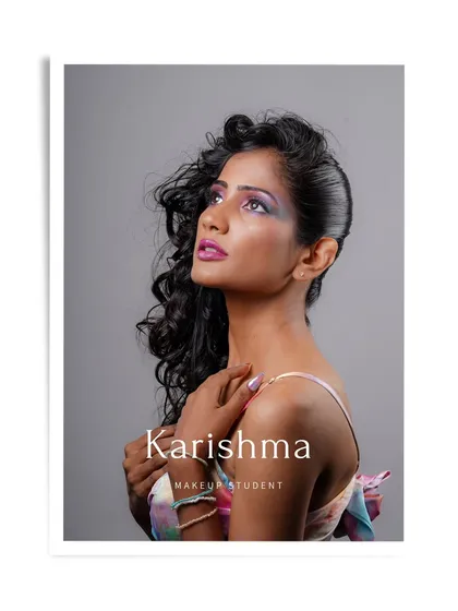 A professional portfolio shot of makeup student Karishma's work, ready to be shown to potential clients and employers.