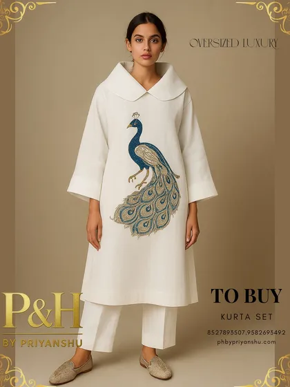 This image captures the essence of oversized luxury with a pristine white linen kurta set. The minimalist silhouette is elevated by an oversized collar and a beautifully hand-embroidered peacock motif, blending traditional artistry with modern, relaxed elegance.