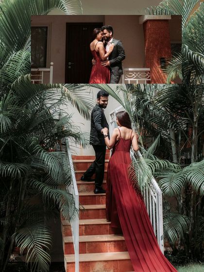 A collage showing the couple ascending a staircase, symbolizing their journey together. The combination of the elegant attire and the tropical setting in Goa creates a beautiful narrative of love and new beginnings.