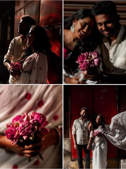 A collage from an artistic pre-wedding shoot, using dramatic lighting and creative compositions to tell a unique love story.