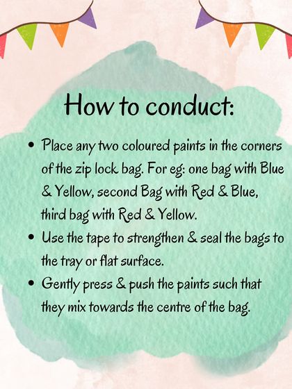 These images provide the instructions, materials, and benefits for the mess-free color mixing activity, helping children learn about primary and secondary colors.