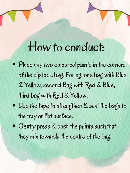 These images provide the instructions, materials, and benefits for the mess-free color mixing activity, helping children learn about primary and secondary colors.