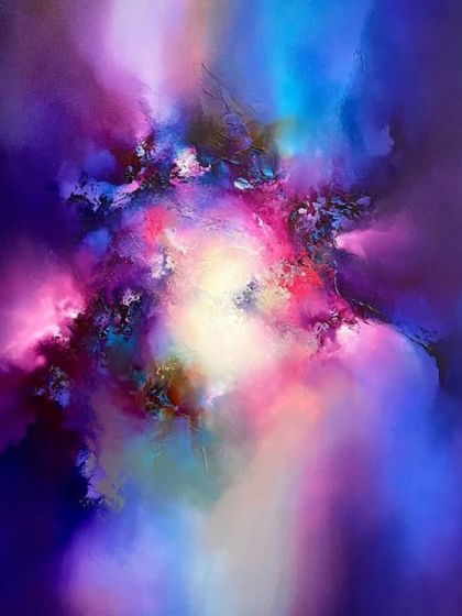 A close-up of a vibrant, nebula-like abstract painting by Simon Kenny, titled 'The Age of Forever'.