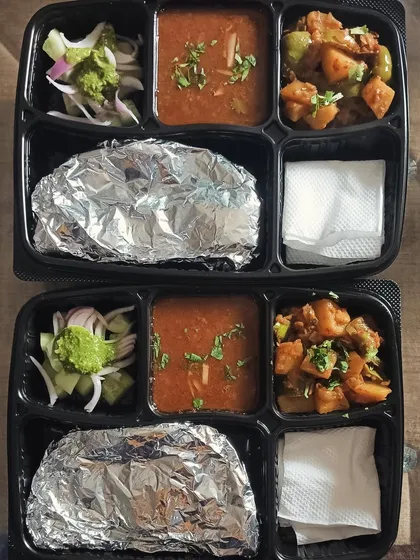 A repeat of a customer favorite: aloo capsicum and dal thali. It's a simple, clean meal that tastes just like it was made in your own home kitchen.