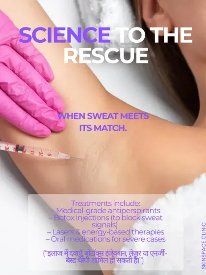 Science comes to the rescue for excessive sweating. Treatments I offer include medical grade antiperspirants, Botox injections to block sweat signals, and other energy based therapies for severe cases.