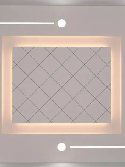 This design combines a backlit rectangular frame with a textured or patterned central panel. The surrounding spotlights add functional brightness while the cove light provides a soft, ambient mood.