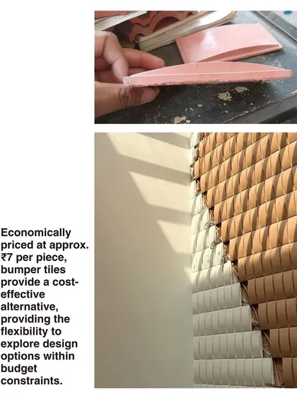 A close-up of the economically priced bumper tiles, which provided a cost-effective alternative for creating textured walls, allowing flexibility within budget constraints.