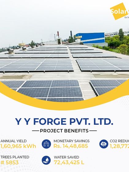 This 125.55 KW on-grid solar system for Y Y Forge Pvt. Ltd. uses high-efficiency 535Wp modules. It generates over 1.6 lakh kWh annually, saving the company ₹14,48,685.