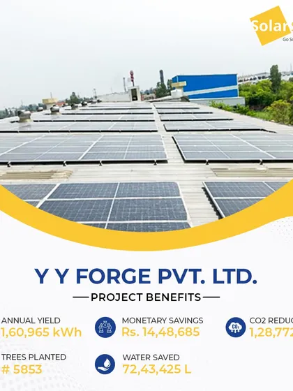 This 125.55 KW on-grid solar system for Y Y Forge Pvt. Ltd. uses high-efficiency 535Wp modules. It generates over 1.6 lakh kWh annually, saving the company ₹14,48,685.