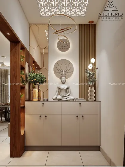 This pooja space brings together modern design and traditional sentiments. I used clean lines, soft backlighting, and a serene Buddha statue to create a peaceful, spiritual corner that feels both contemporary and sacred.