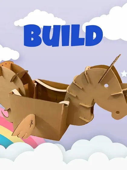 Step one: BUILD. Our themed play-box kits, like this magical unicorn, come with pre-cut pieces that slot together easily. No glue, no mess, just the fun of construction.