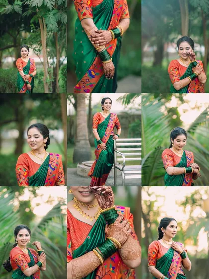A collection of beautiful solo portraits of the bride-to-be at her engagement, showcasing her elegant green and orange saree.