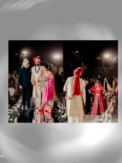 A collage capturing the groom's arrival with his family and the bride's first look as she walks towards the ceremony.