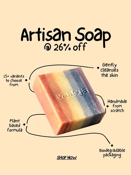 A graphic announcing a 26% discount on our Artisan Soaps, with over 15 variants to choose from.