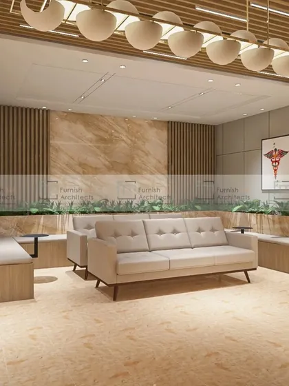 This is a waiting area we designed for a healthcare facility. We used comfortable seating, warm wood tones, and marble accents to create a calming and professional environment for patients and their families.