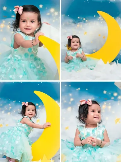 This four-photo collage highlights the different adorable moments from a celestial-themed session. From holding the moon to smiling brightly, it's a complete story of a magical day.