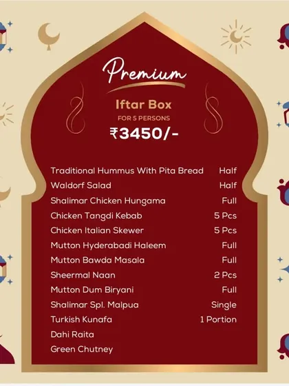 The menu for our Premium Iftar Box for 5 persons, showcasing a different combination of gourmet dishes including Chicken Tangdi Kebab and Turkish Kunafa.