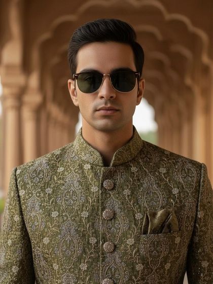 A detailed portrait shot focusing on the sherwani's mandarin collar and fabric. Paired with sunglasses, it creates a modern, confident groom or wedding guest look.