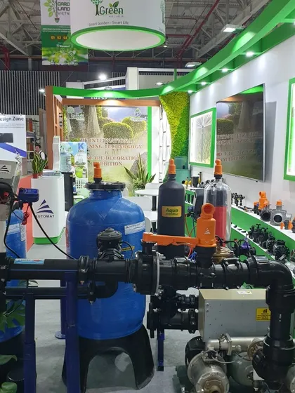 A close-up of our product display at the Growtech expo in Vietnam, featuring a fully assembled head unit with our advanced filtration and valve systems.