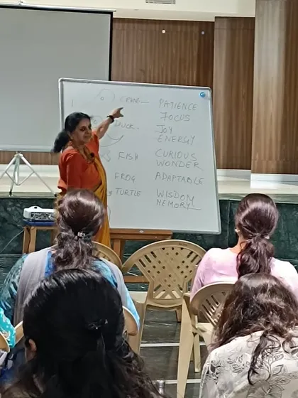 During a workshop at Gopalan International School, I used a whiteboard to break down the core qualities of a storyteller, such as patience, focus, and wonder.