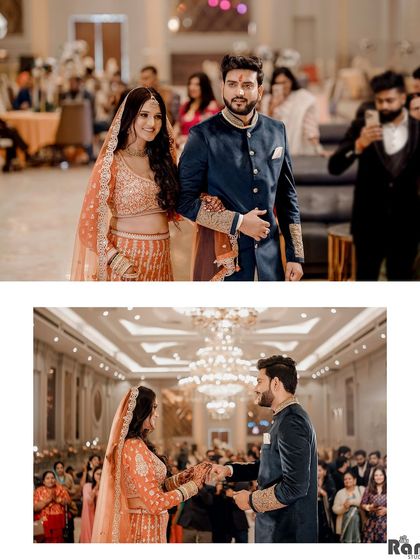 This collage shows the couple's journey through their engagement ceremony, from their entrance to the ring exchange. It’s a mini-story of their official beginning.