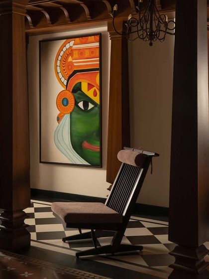 The classic checkerboard tiles we supplied for the House of Gond. The bold, graphic pattern provides a stunning contrast to the traditional wooden pillars and vibrant artwork.