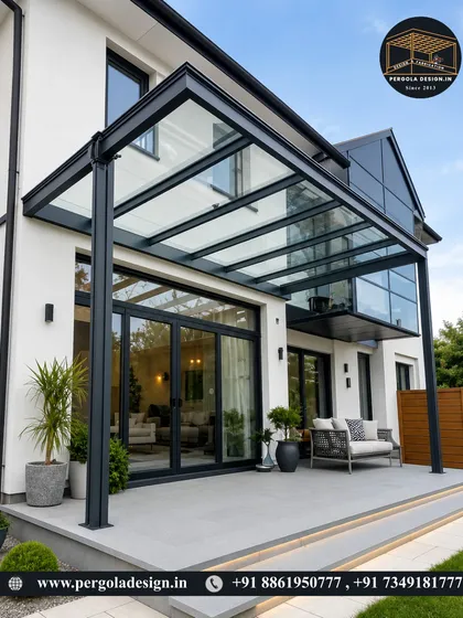 Our pergolas are designed to be a natural extension of modern architecture. This sleek glass canopy seamlessly integrates with the home's facade, enhancing its contemporary design while providing a functional and stylish covering for the patio.