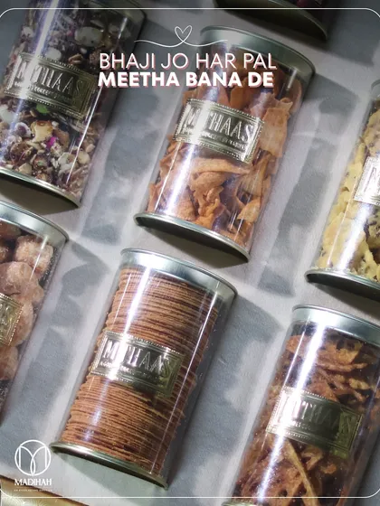 'Bhaji jo har pal meetha bana de'. A close-up of the delicious, high-quality snacks that I include in my Bhaji Boxes, each labeled with our seal of quality.