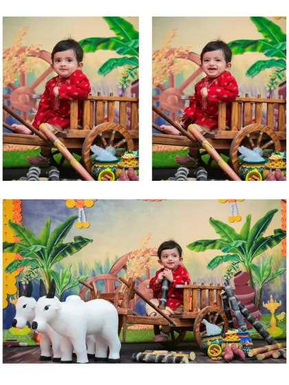 A three-photo collage from a Sankranthi festival shoot. It captures the little boy's joyful expressions as he poses on the bullock cart, surrounded by traditional decorations.