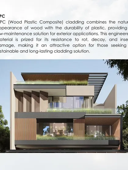This image explains Wood Plastic Composite (WPC) cladding, which combines the natural appearance of wood with the durability of plastic. It is a low-maintenance and sustainable solution for exteriors.